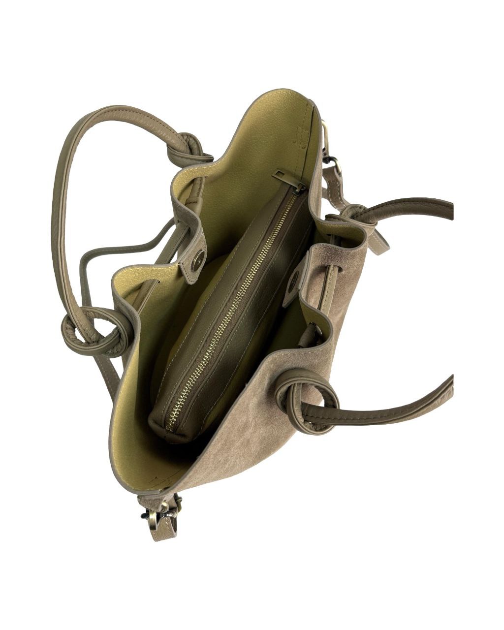 Italian Leather Bucket Bag with Knot Handles and Center Zip by Modex™