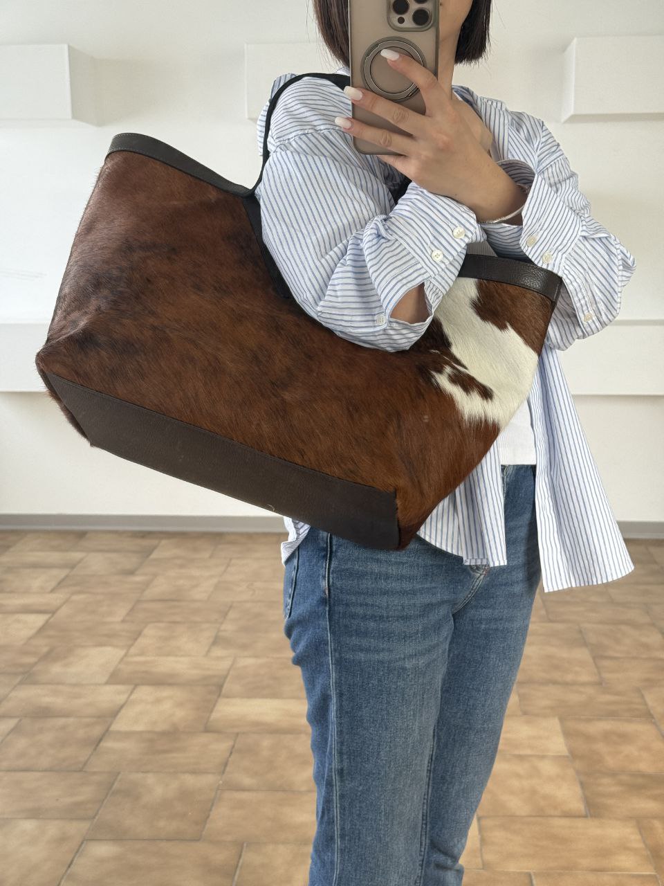 Cow Print Pony Skin Tote — Dark Brown Leather Trim
