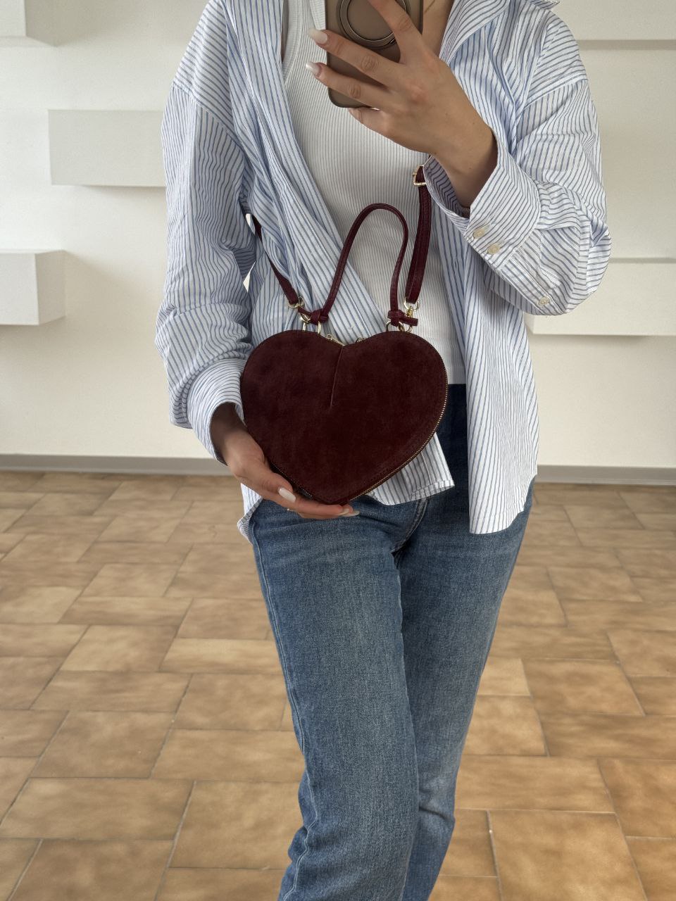 Heart-Shaped Suede Mini Bag