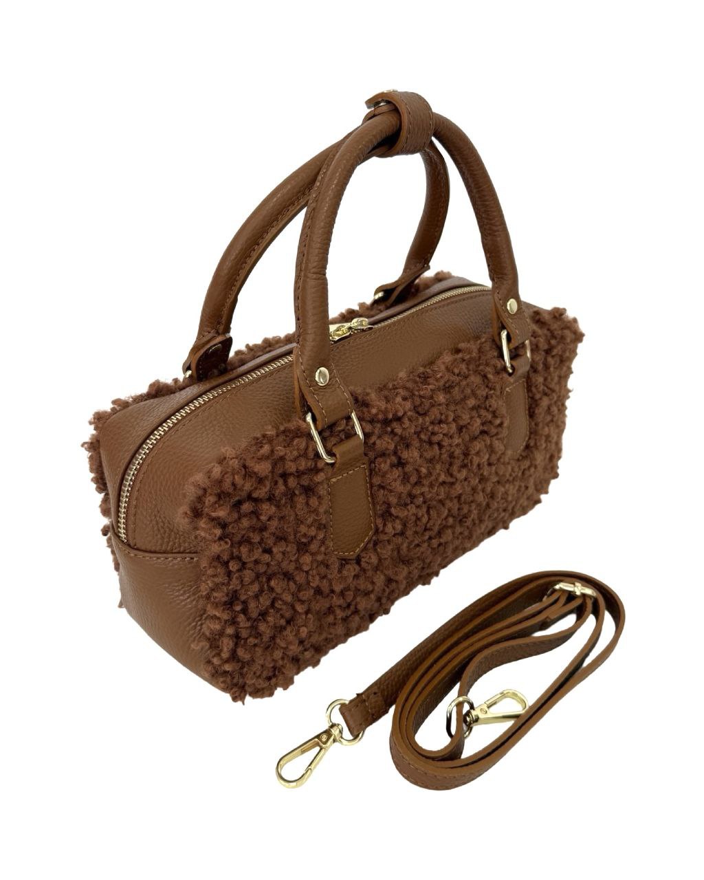 Italian Leather Teddy Top-Handle Bag — Cozy Luxury, Made in Italy