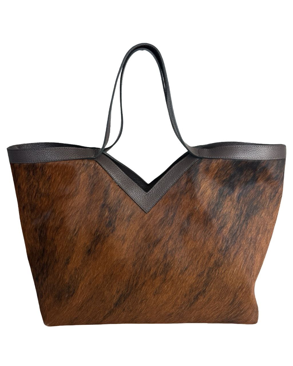 Cow Print Pony Skin Tote — Dark Brown Leather Trim