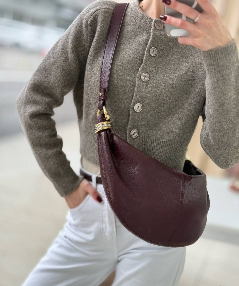 Leather Shoulder Bag with Gold Ring Detail