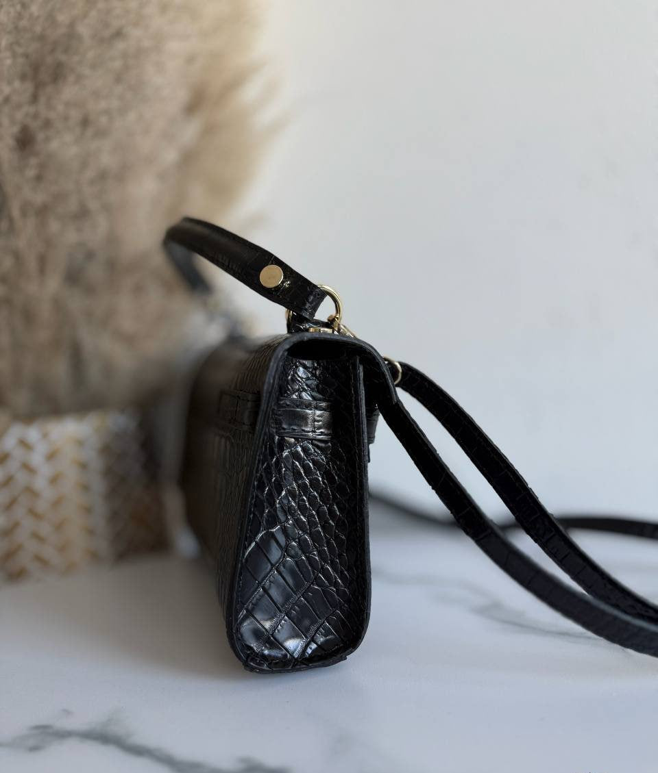 Croc-Embossed Leather Handbag with Shoulder Strap