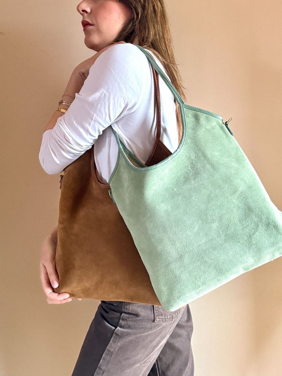 Italian Leather Shopper with Double Handles and Long Strap by Modex™