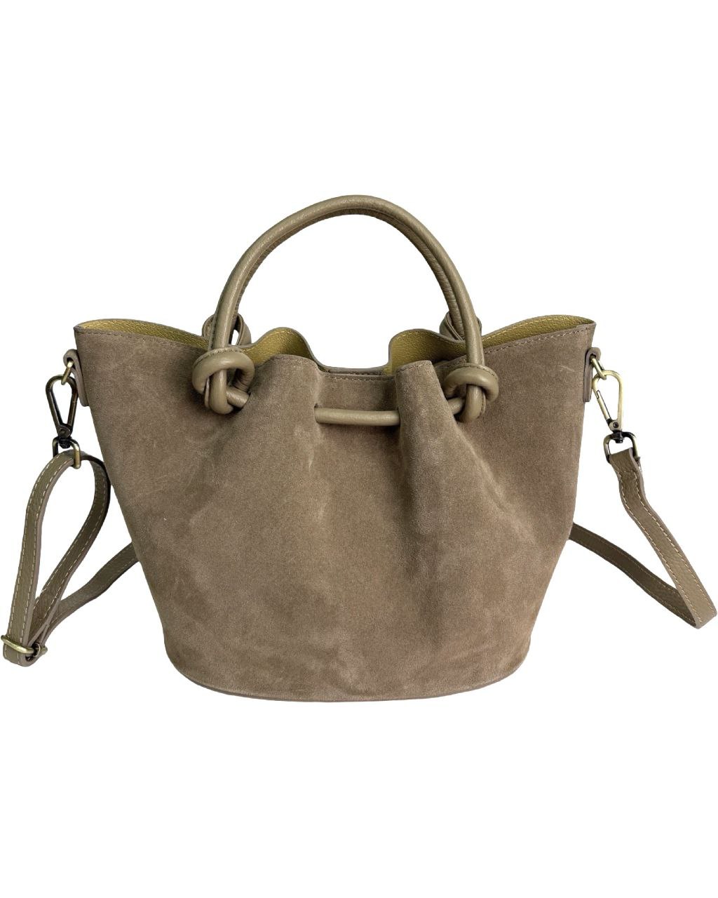 Italian Leather Bucket Bag with Knot Handles and Center Zip by Modex™