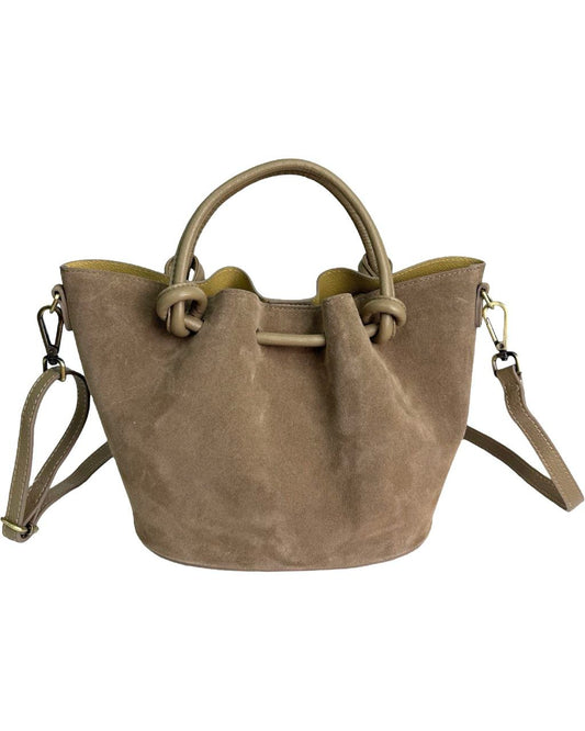 Italian Leather Bucket Bag with Knot Handles and Center Zip by Modex™