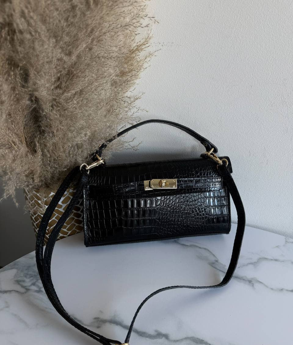 Croc-Embossed Leather Handbag with Shoulder Strap