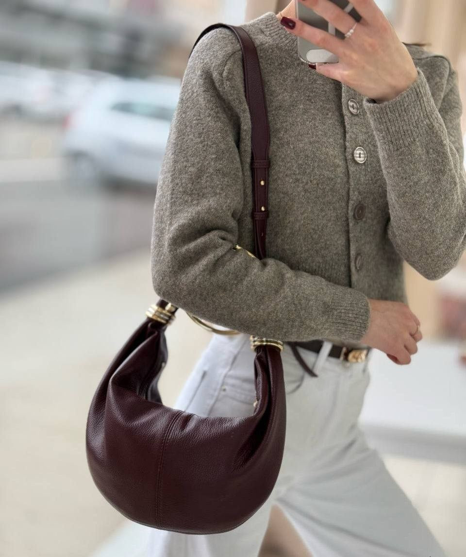 Leather Shoulder Bag with Gold Ring Detail