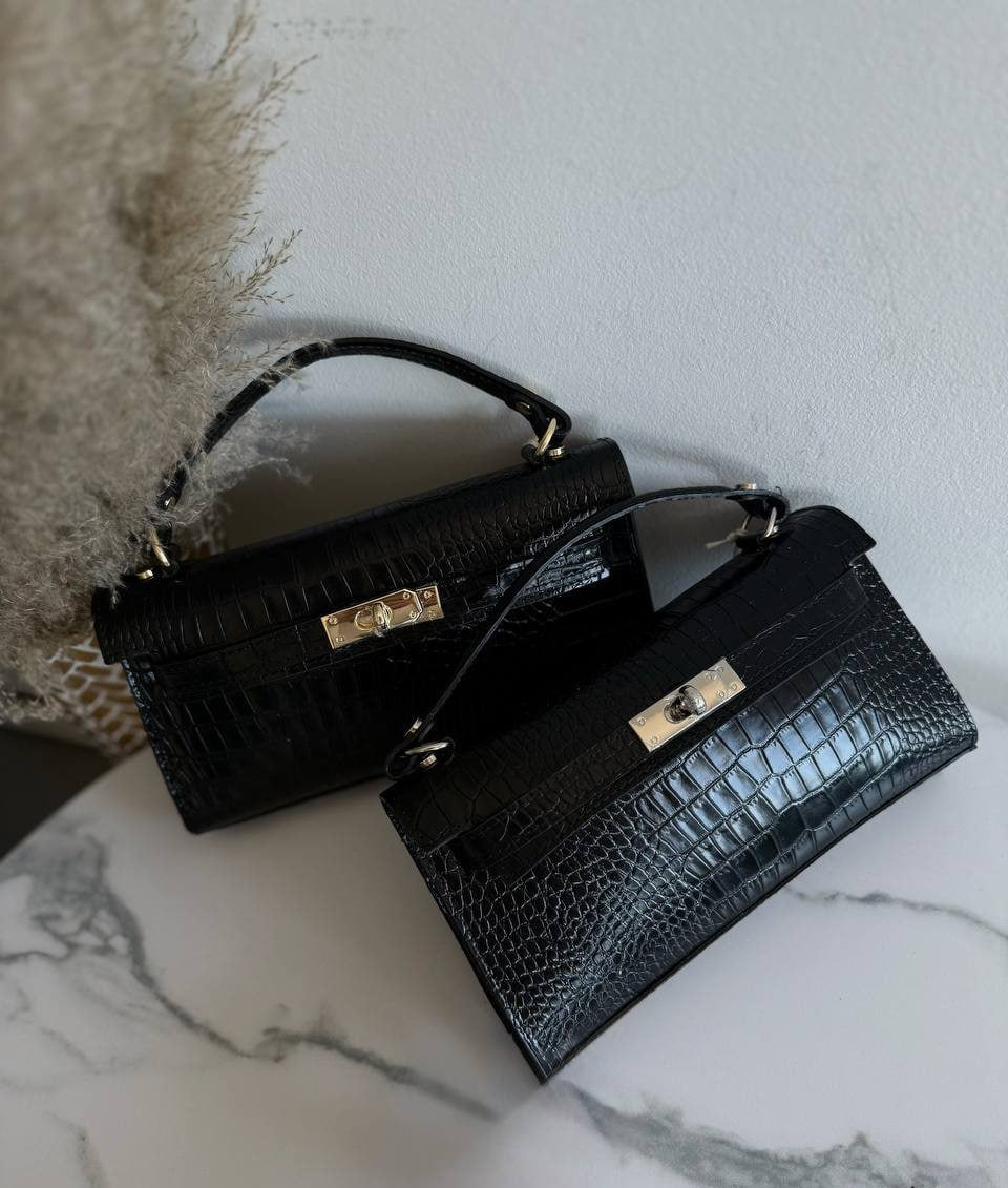 Croc-Embossed Leather Handbag with Shoulder Strap