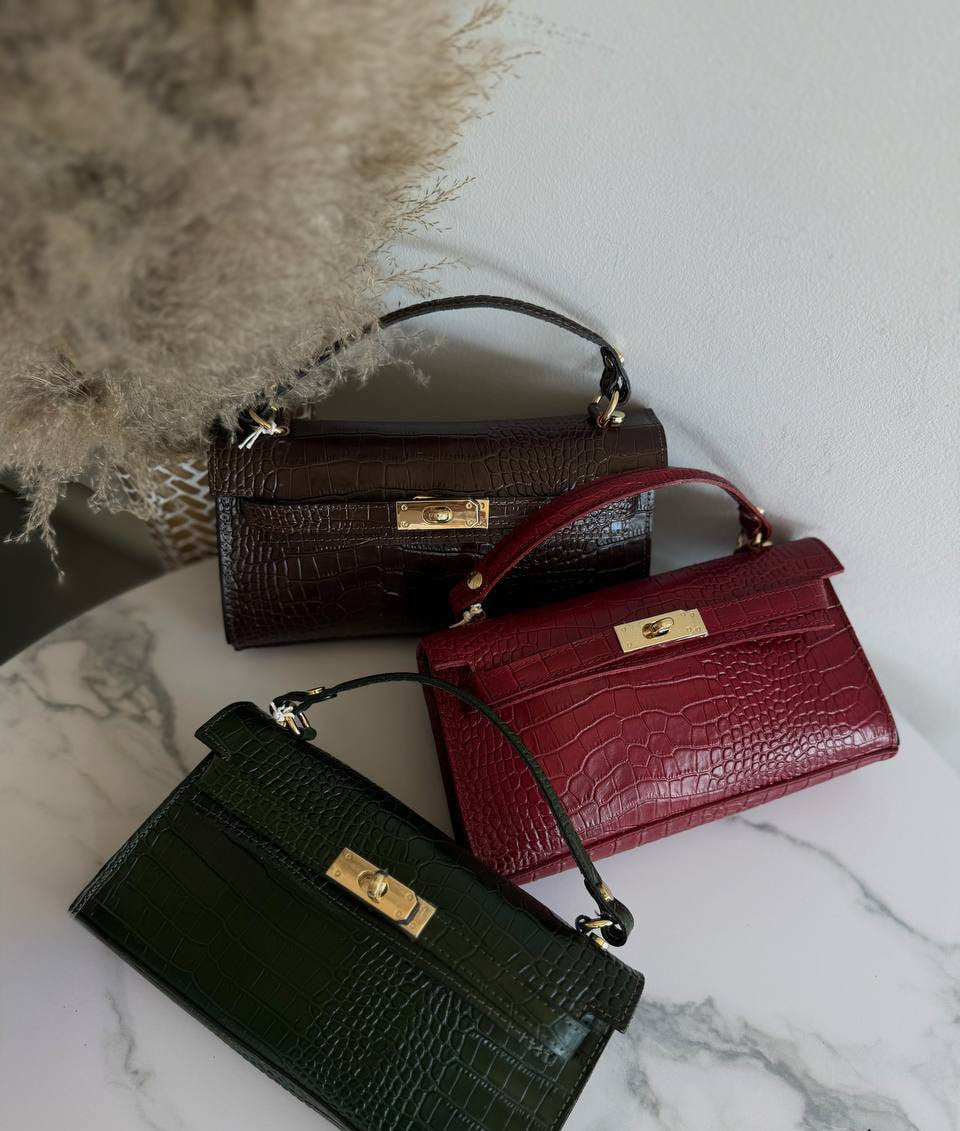 Croc-Embossed Leather Handbag with Shoulder Strap