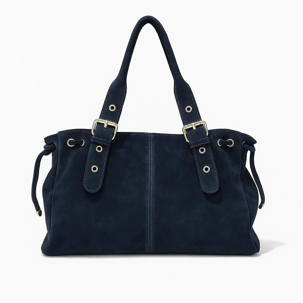 Suede Shoulder Tote with Buckle Straps — Genuine Leather