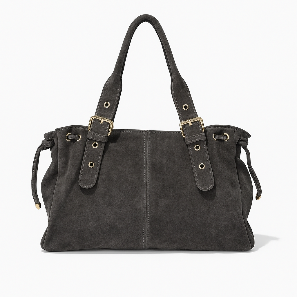Suede Shoulder Tote with Buckle Straps — Genuine Leather