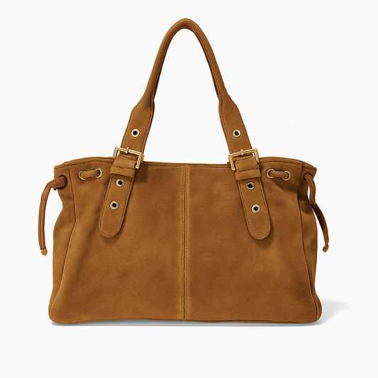 Suede Shoulder Tote with Buckle Straps — Genuine Leather