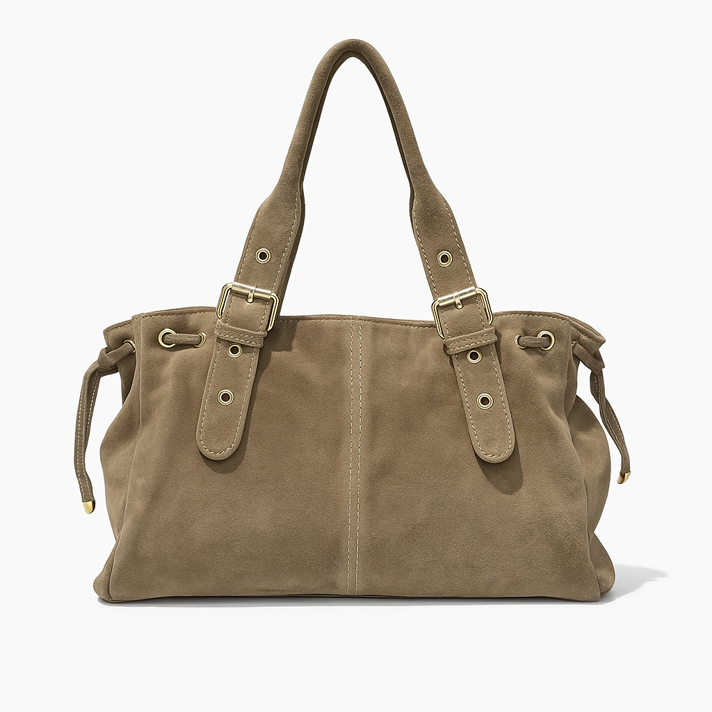 Suede Shoulder Tote with Buckle Straps — Genuine Leather