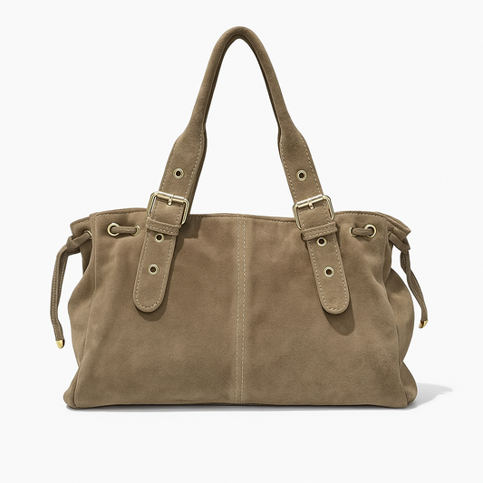 Suede Shoulder Tote with Buckle Straps — Genuine Leather